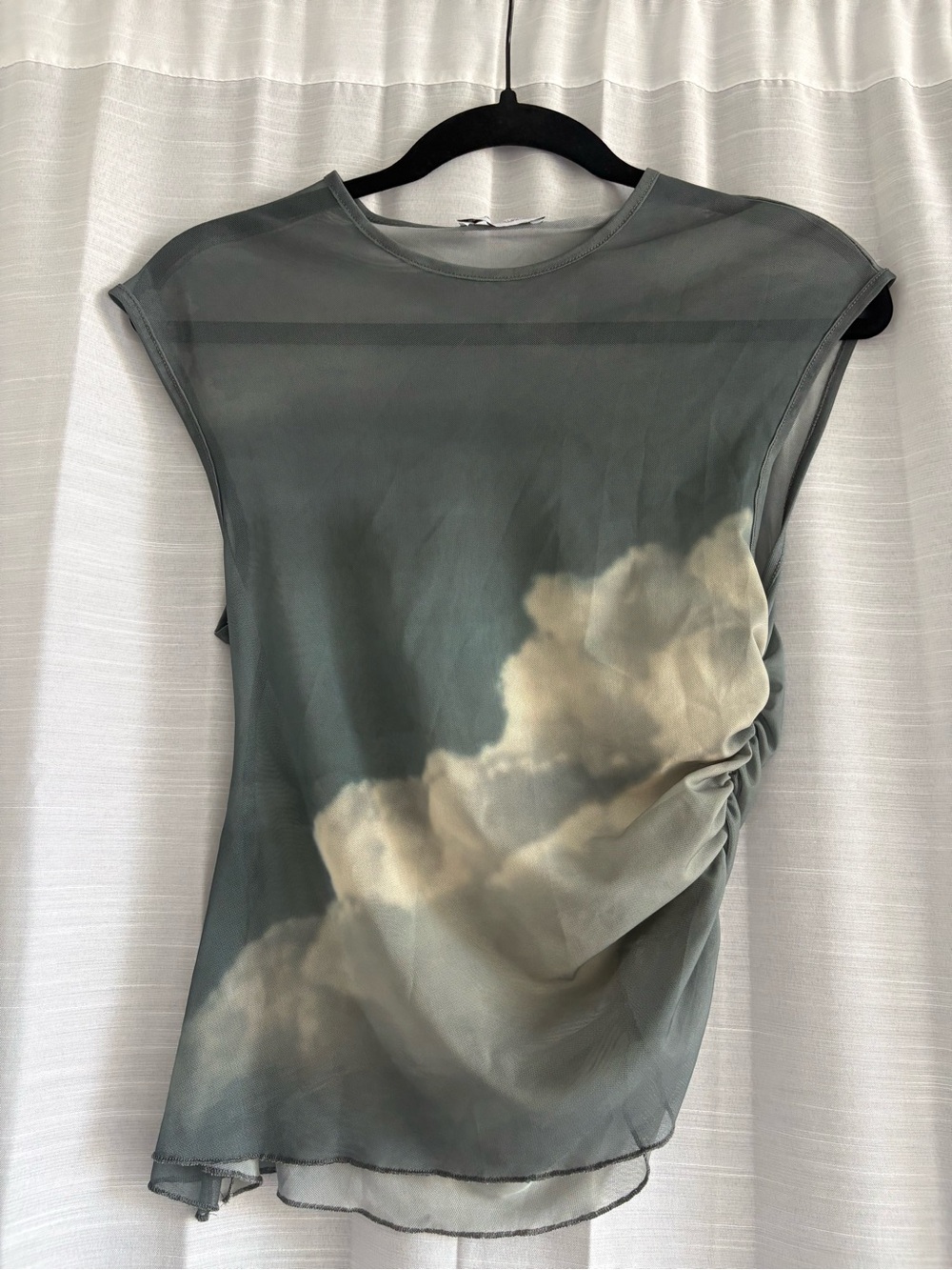 Bershka Sheer Women's Cloud Print Cap Sleeve Top - Gray